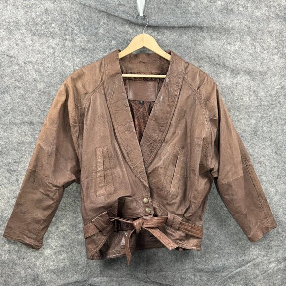 Express Jacket Womens Large Brown 100% Genuine Leather Distressed VTG 90s Belted - Picture 1 of 12